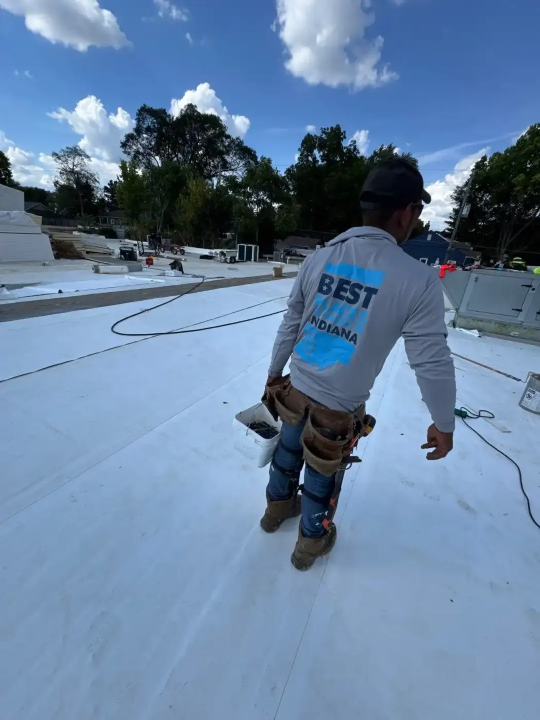 Tarping and dry-in on a Whiteland commercial roof